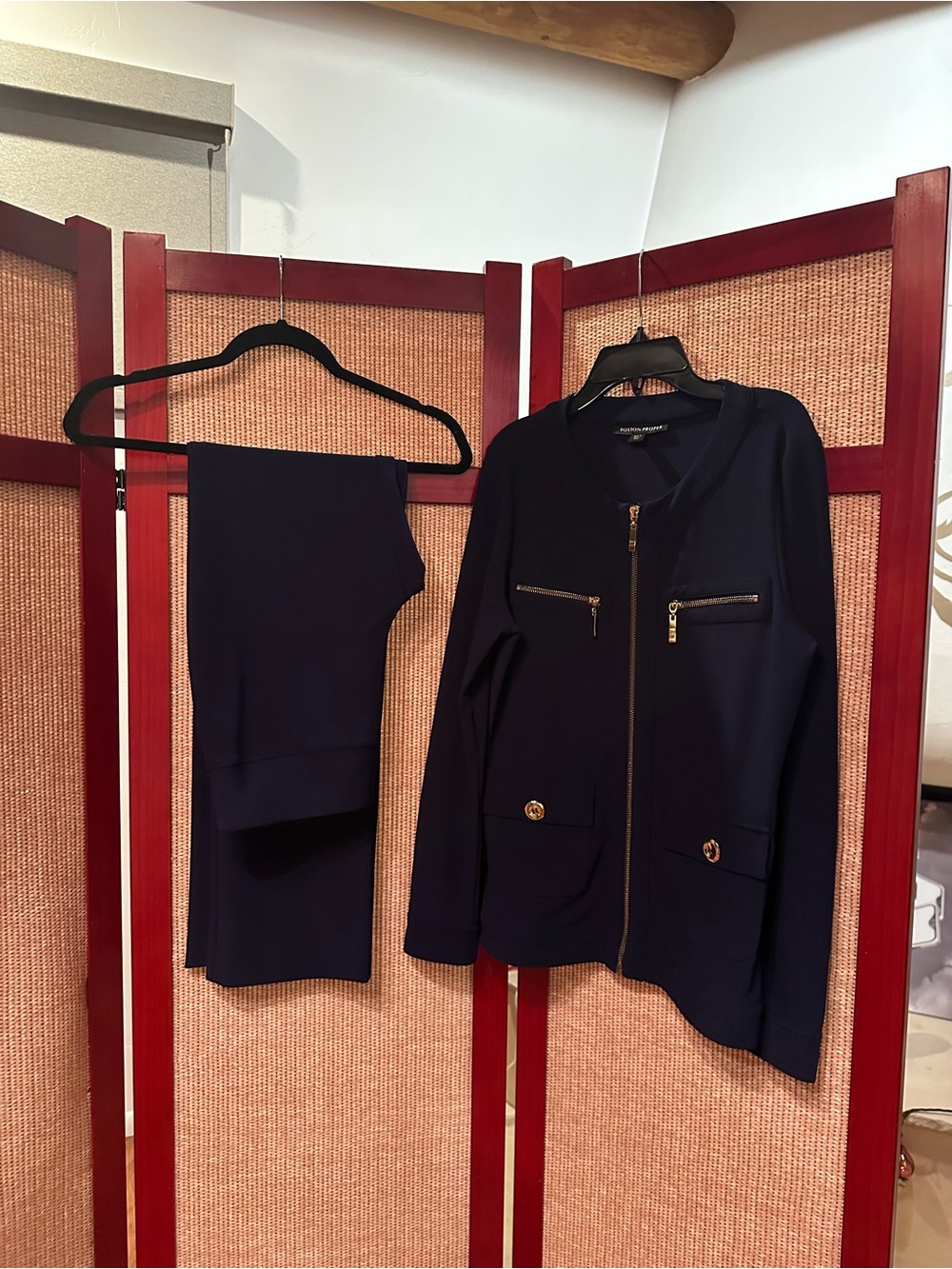 Boston Proper Navy Zip-Front Blazer with Gold Hardware